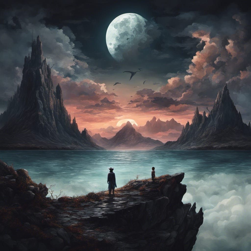 Fantastical Sea Night Scene with Light and Death