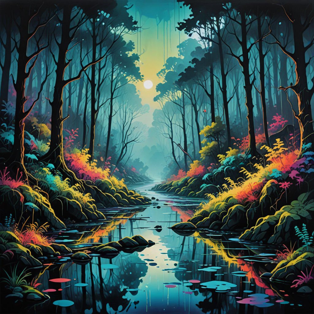 Foggy Night Forest in High Contrast Graffiti Style