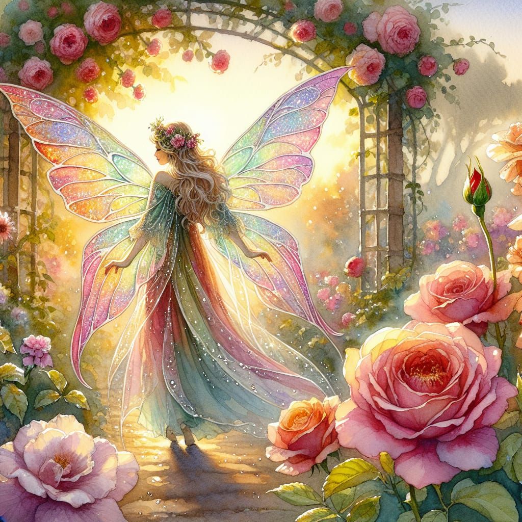 Enchanting Fairy in a Serene Watercolor Garden