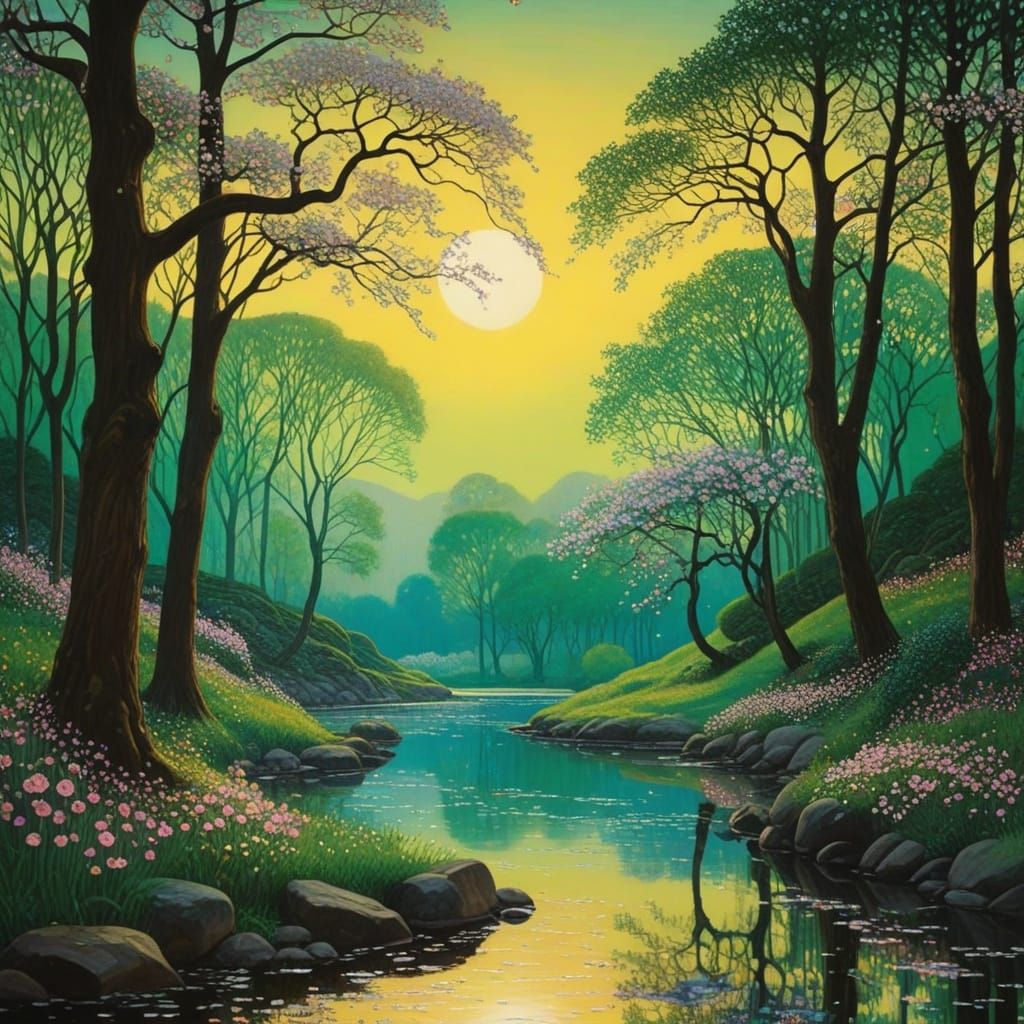 Intricate Apple Blossom Garden in Whimsical Artistic Style