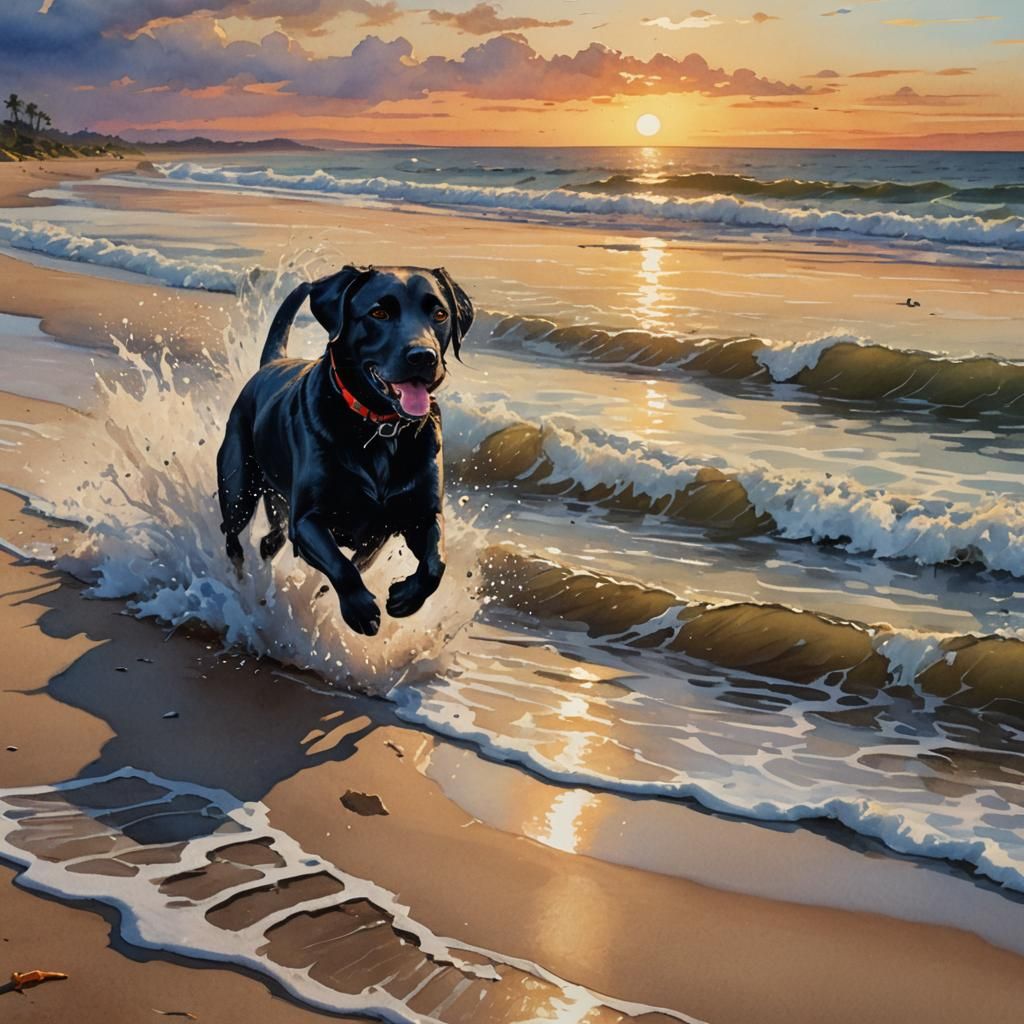 Sunset Dash of a Black Lab in Watercolor Fantasy