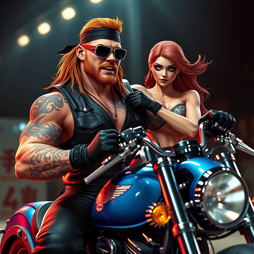 Wrestler on Motorcycle in Dark Futuristic Anime Style