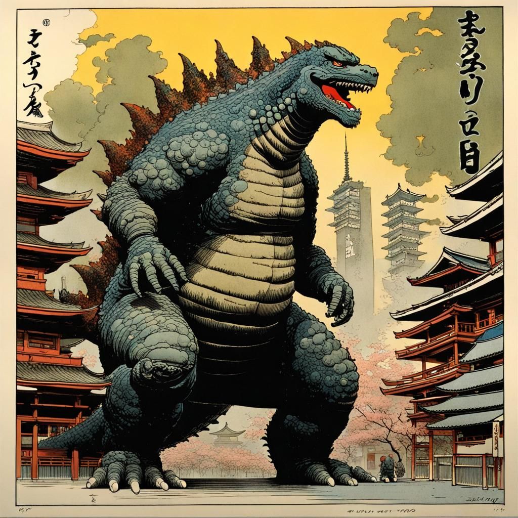 Godzilla in Ancient Tokyo's Vibrant Ukiyo-e Style