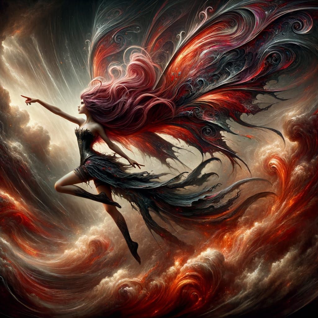 Crimson Haired Faerie in a Windstorm