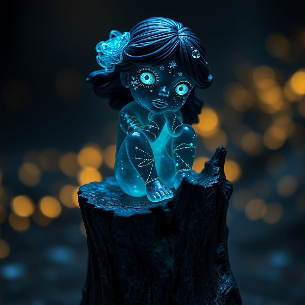 Delicate Obsidian and Crystal Glass Sculpture Girl in Radian...