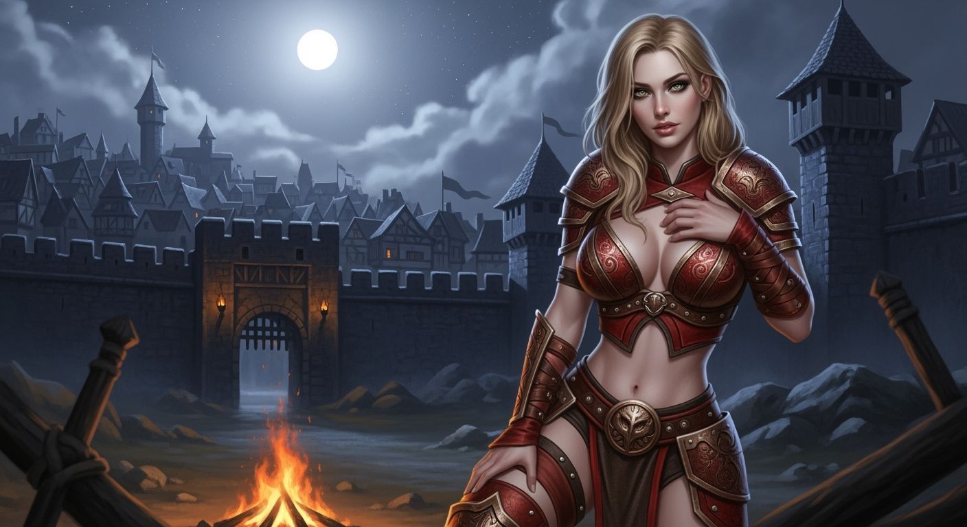 Amazon Warrior in Bronze Armor by Campfire