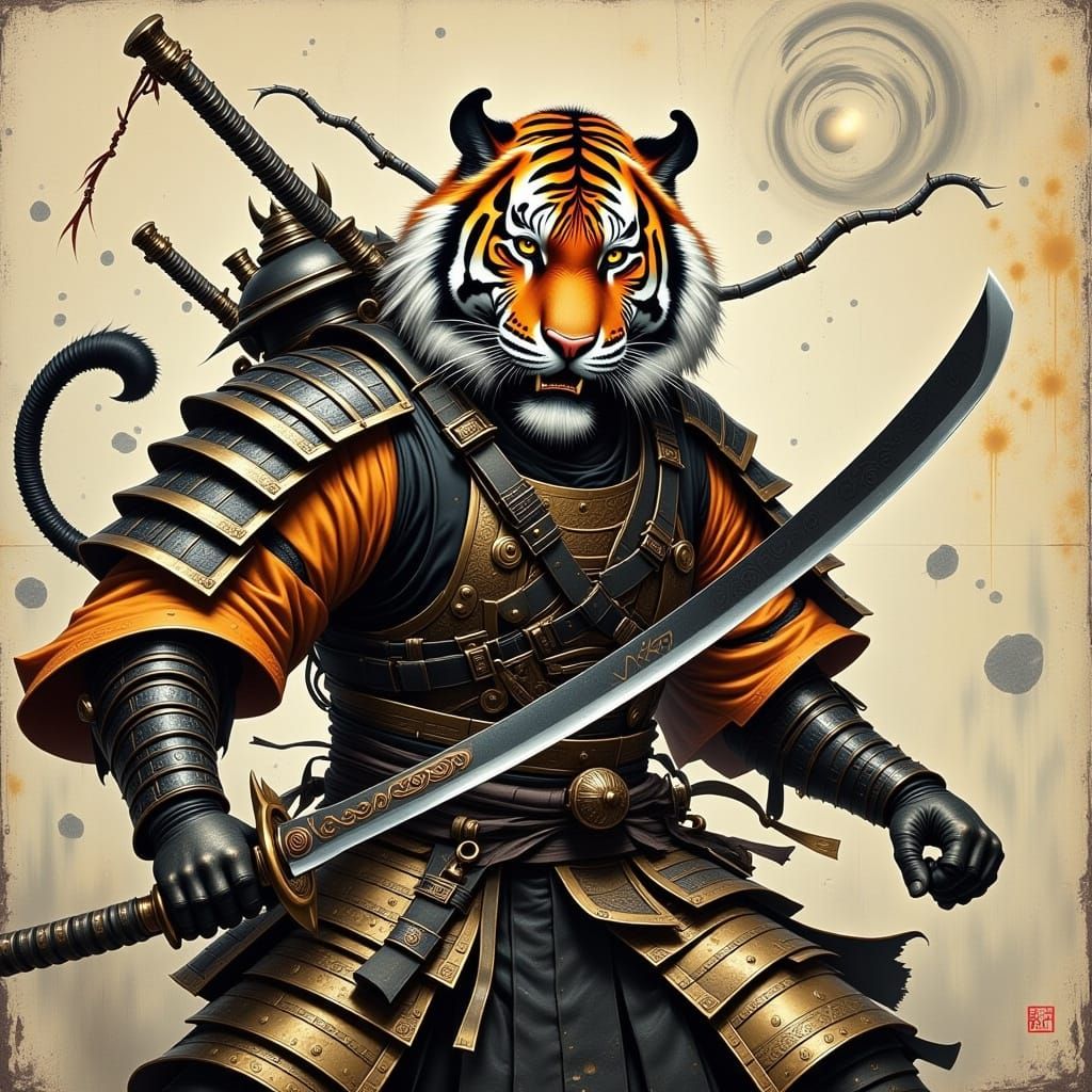Epic Samurai Tiger in Dynamic Combat Scene