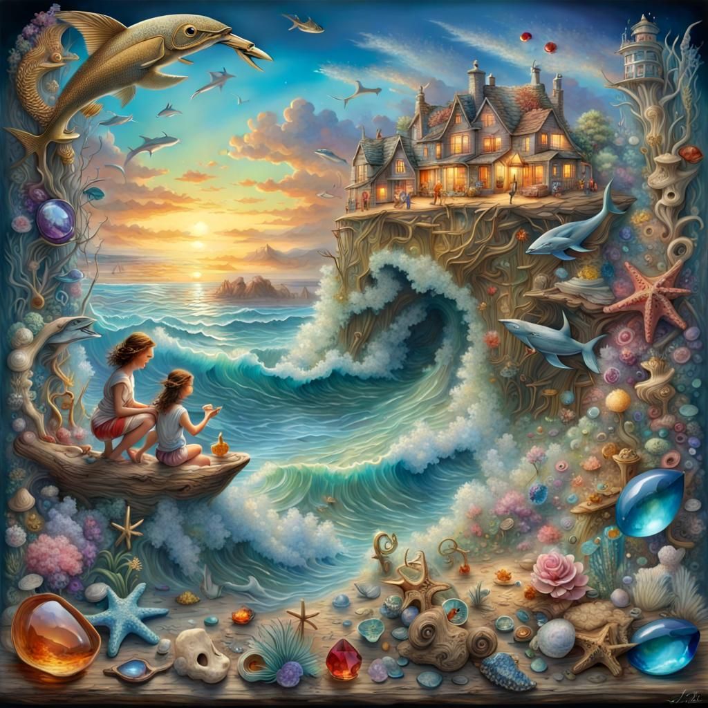 3D Oceanfront Scene in Vintage Rice Paper Decoupage Style