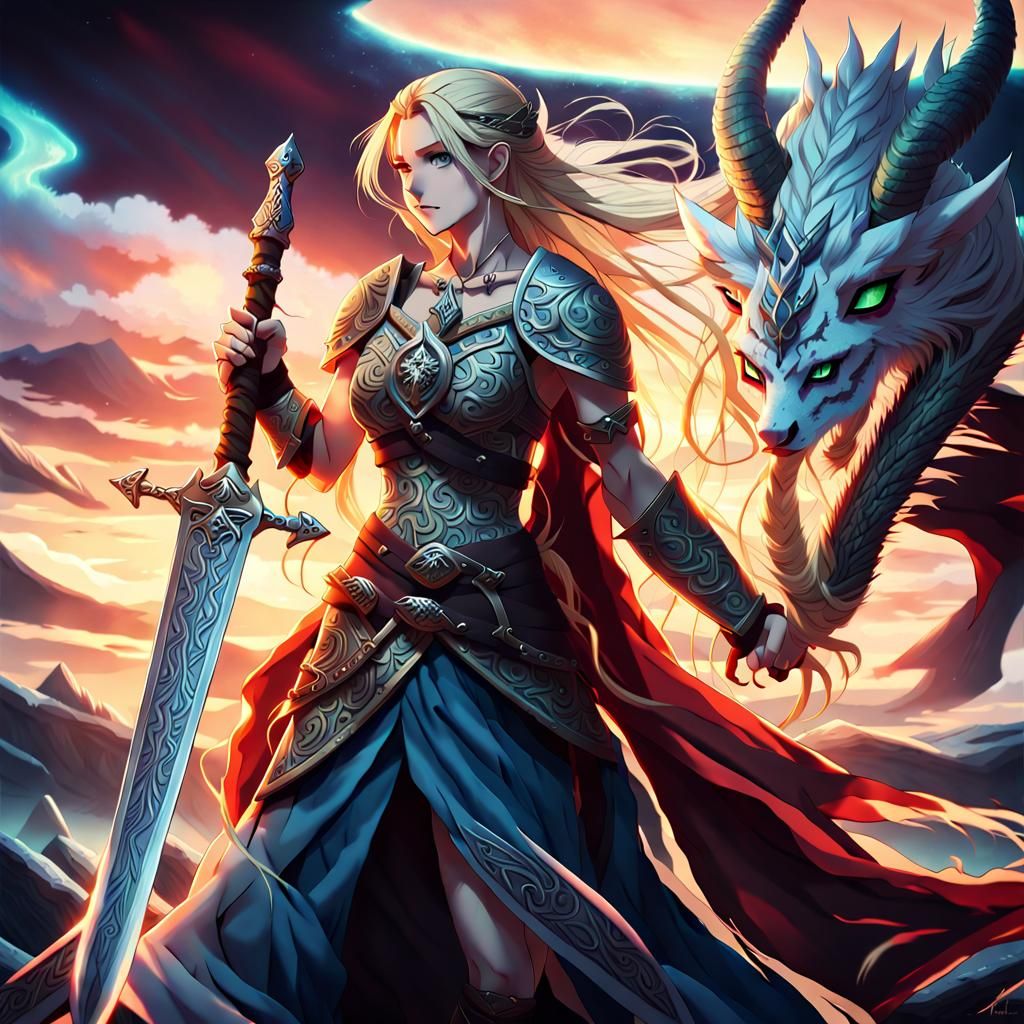 Glowing Female Warrior in Vibrant Viking Dress Holds Majesti...