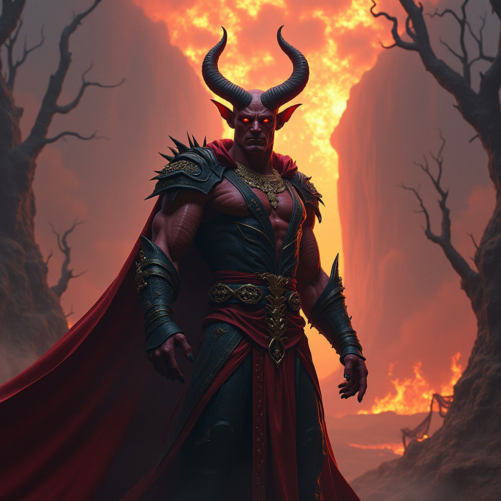 Regal Devil Dominates Fiery Hellish Landscape