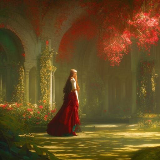 Gothic Victorian Garden with Crimson Roses in Fantasy Art