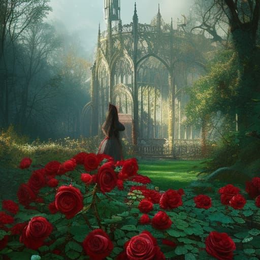 Victorian Garden with Crimson Roses in Gothic Style