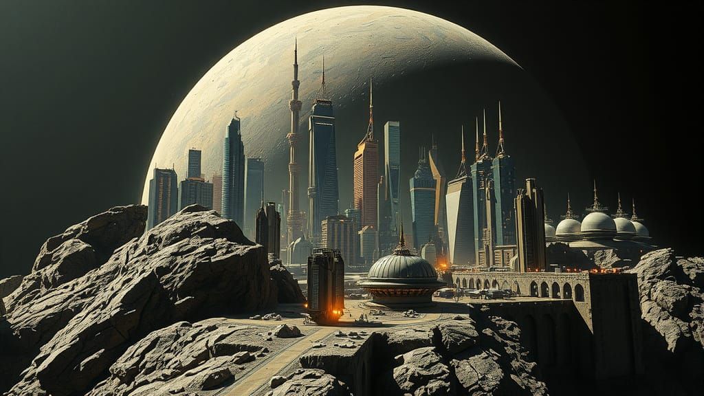 Epic Asteroid Metropolis in Neon-Lit Cinematic Style