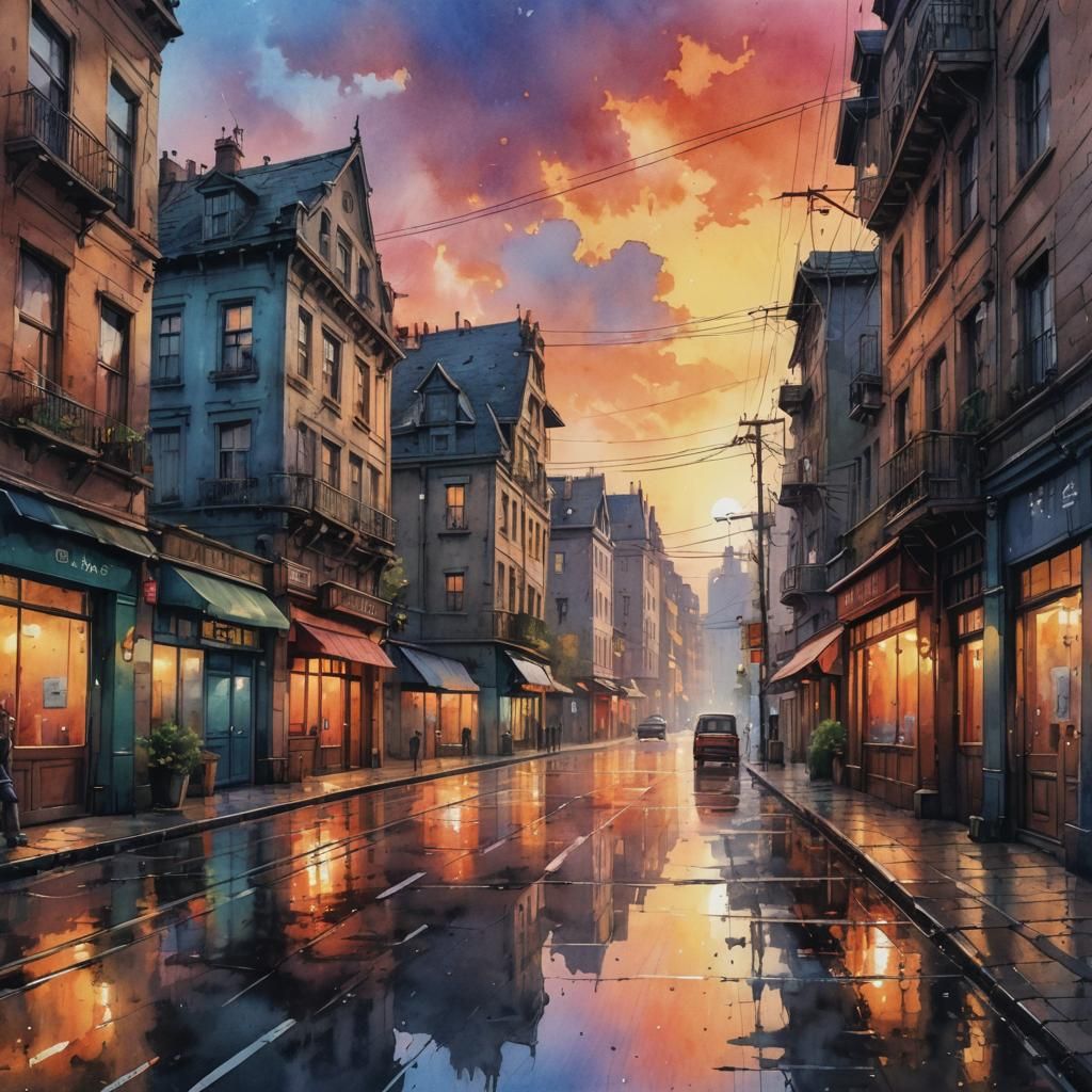 City Sunset: Watercolor Painting in Vintage Style