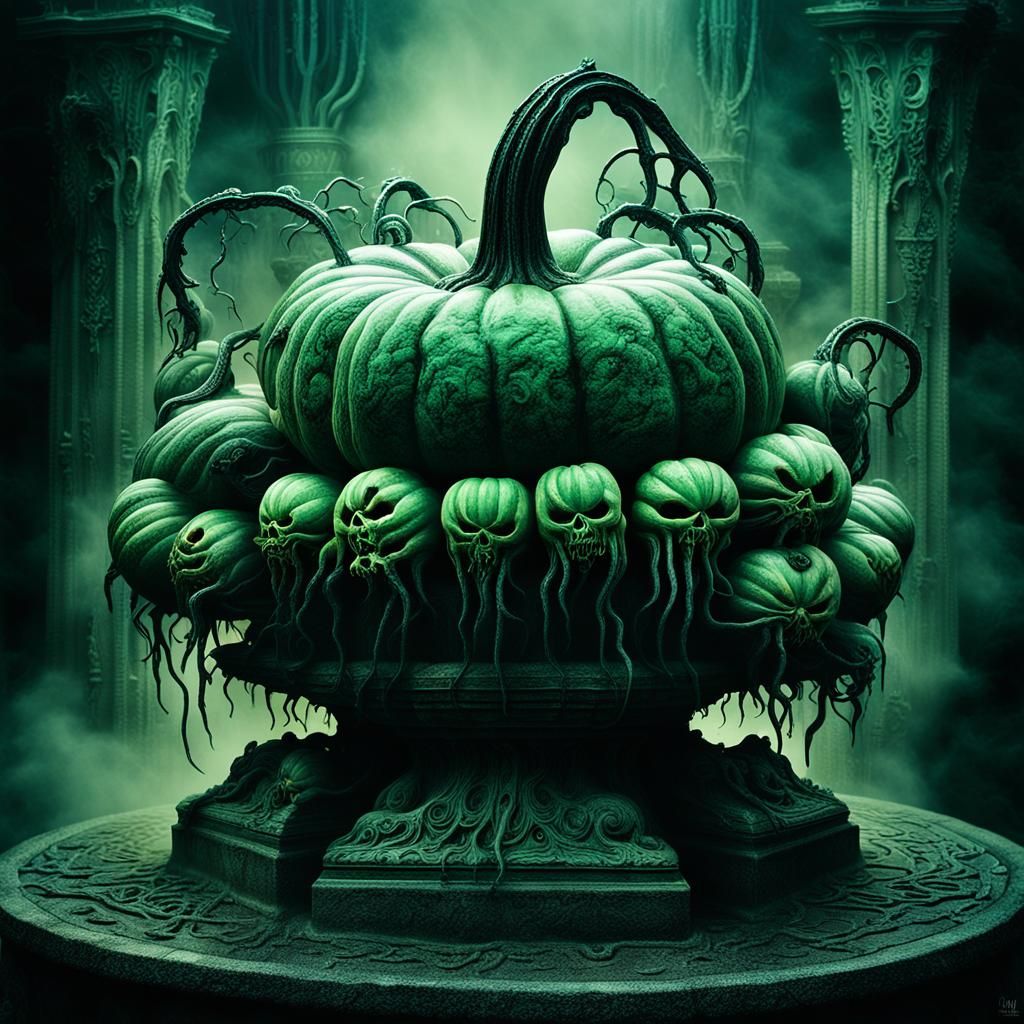 Biomechanical Pumpkins Emerge from Dark, Ancient Stone