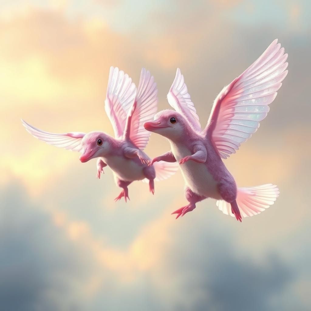 Rare Pink Winged Platypus Dance in Whimsical Harmony