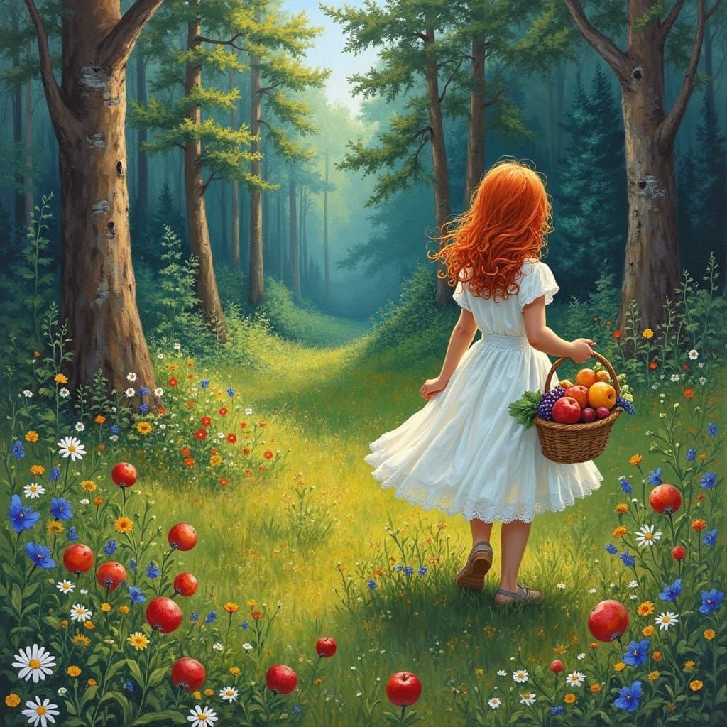 Girl Walks Through Lush Forest with Vibrant Fruits and Wildf...