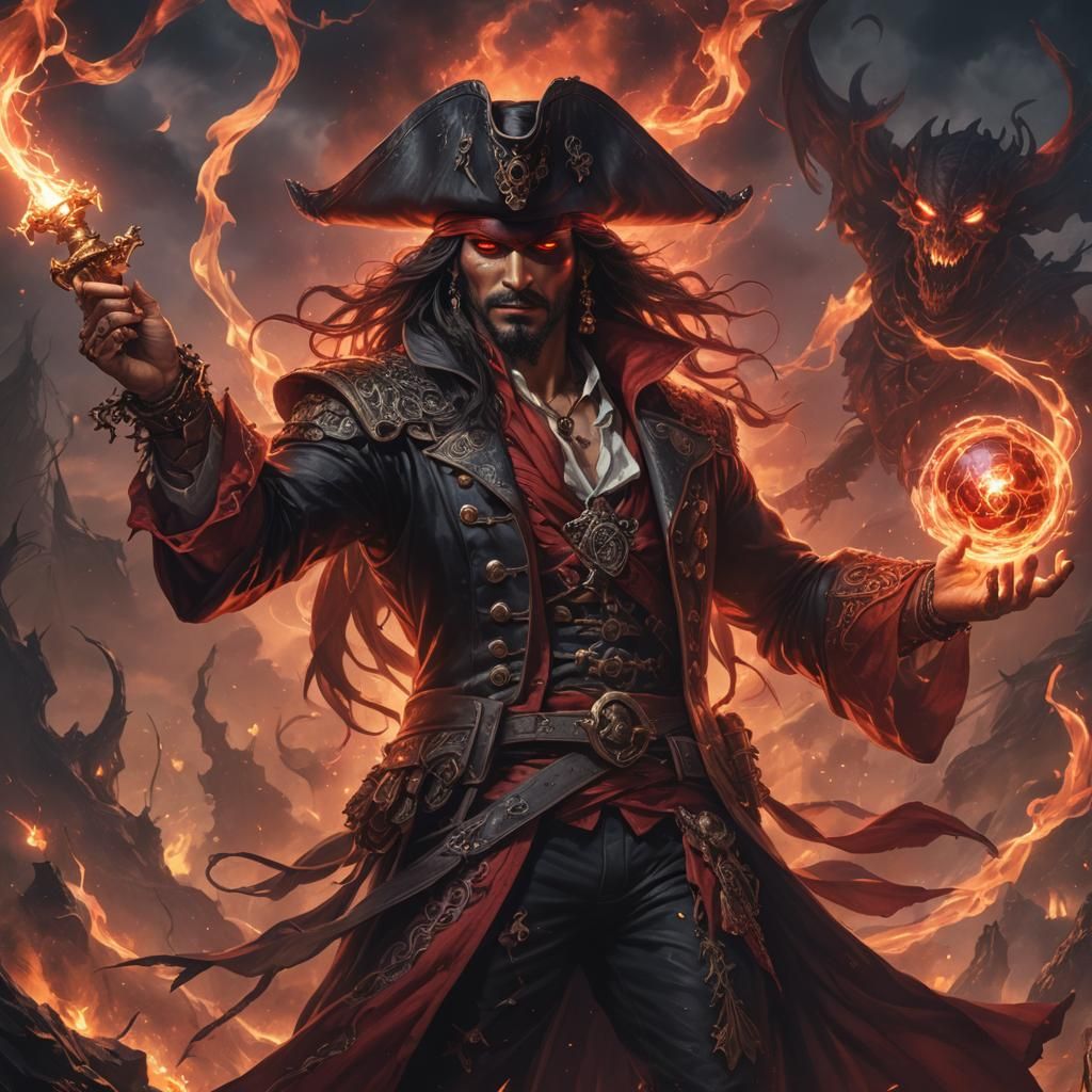 Epic Pirate Lord of Hell in Fiery Red-Lit Infernal Palace