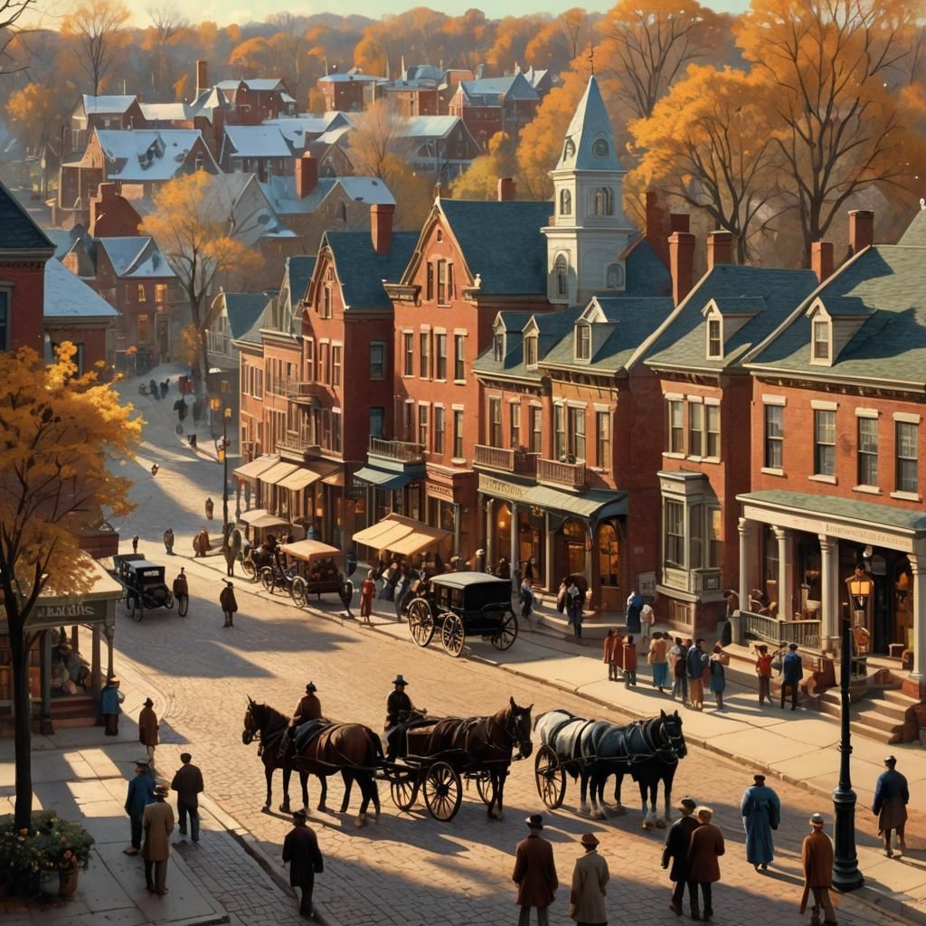 Idyllic 19th-Century Galena, Illinois Town Square in Warm Go...