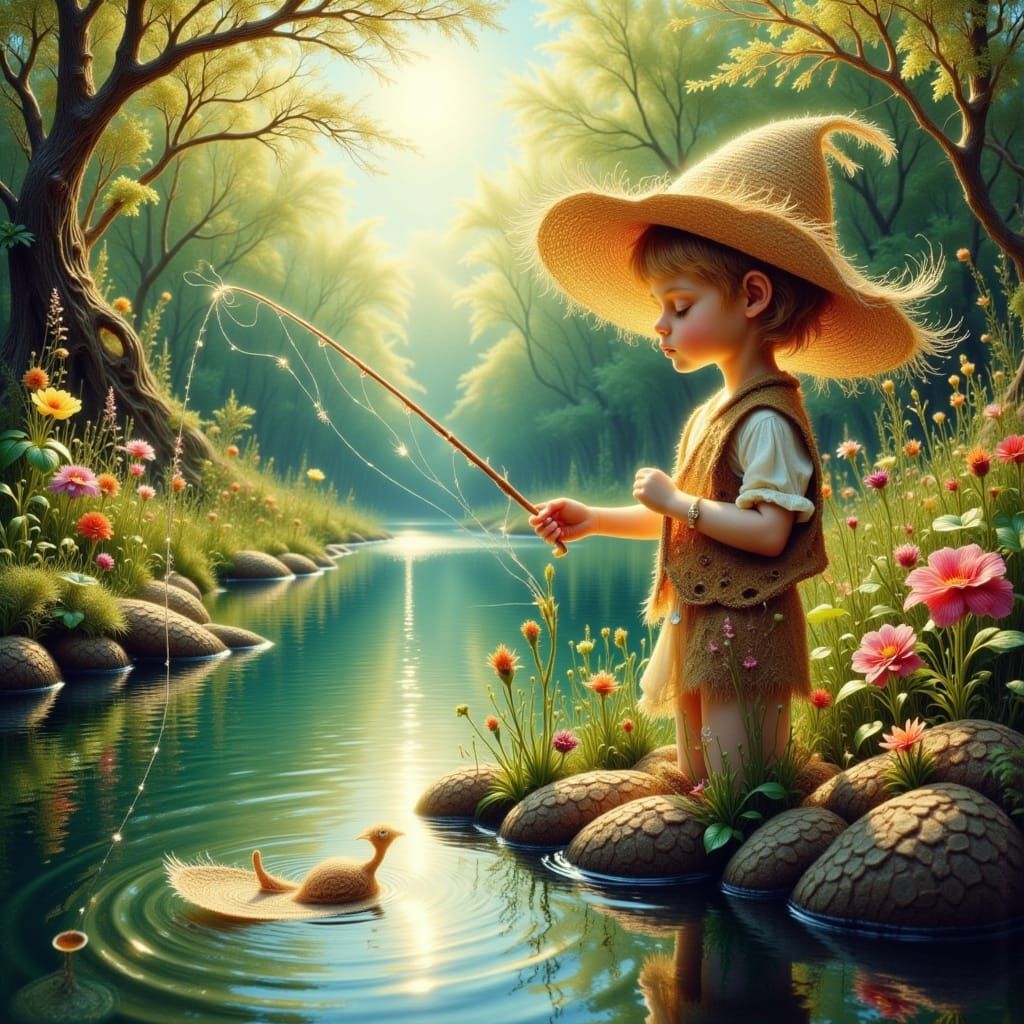 Blond Boy Fishing in Pond, Retro Oil Painting Style