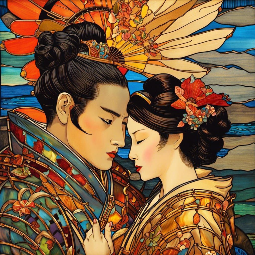 Vibrant Stained Glass Portrait of a Samurai and Geisha in a...
