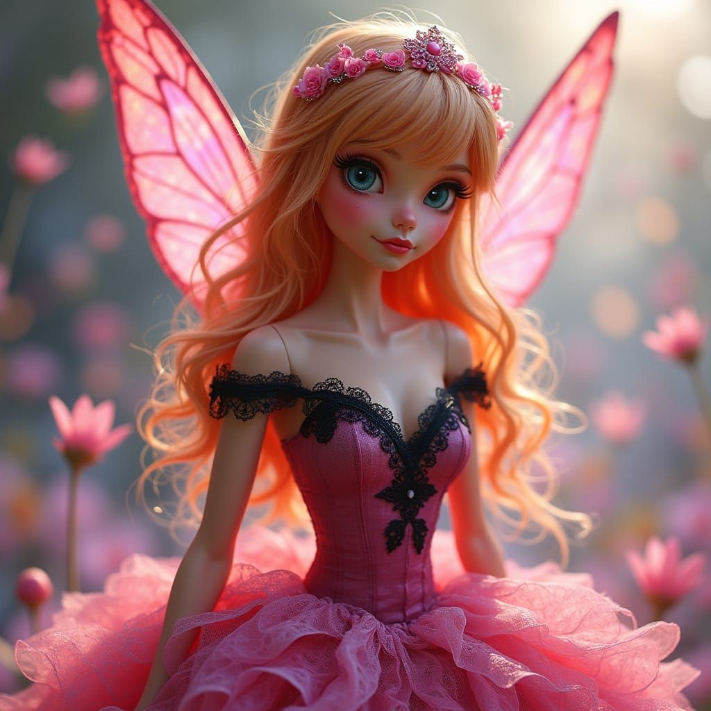 Brunette Tinkerbell in Pink Dress with Lace