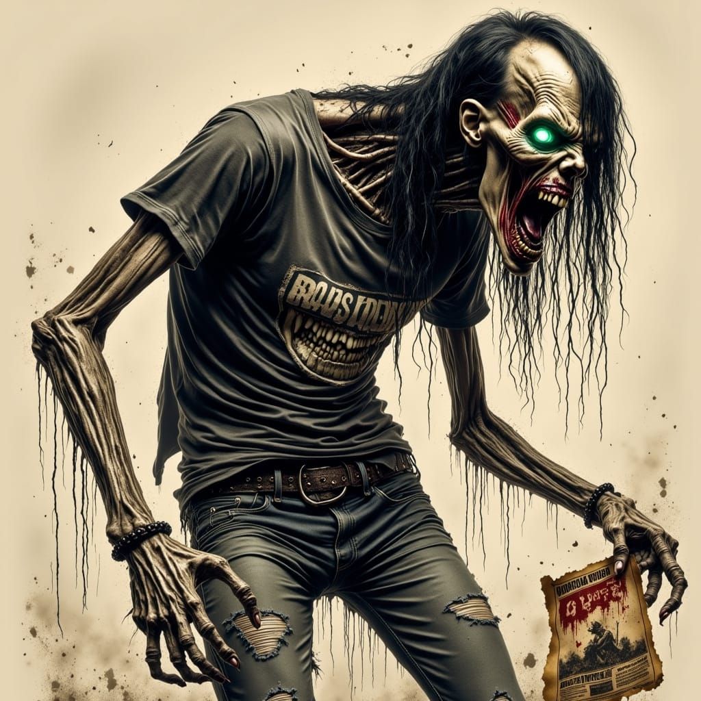 <lora:Screamo Flux Edition:1.0> Screamo style Zombie Monster. The creature's skinny jeans are ripped, revealing bone and...