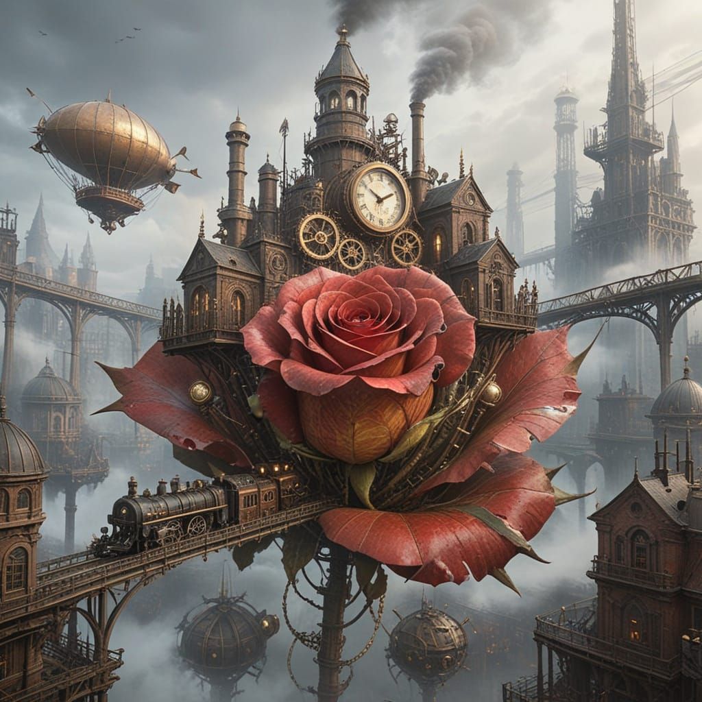 Steampunk City on Giant Rose in Dramatic Lighting
