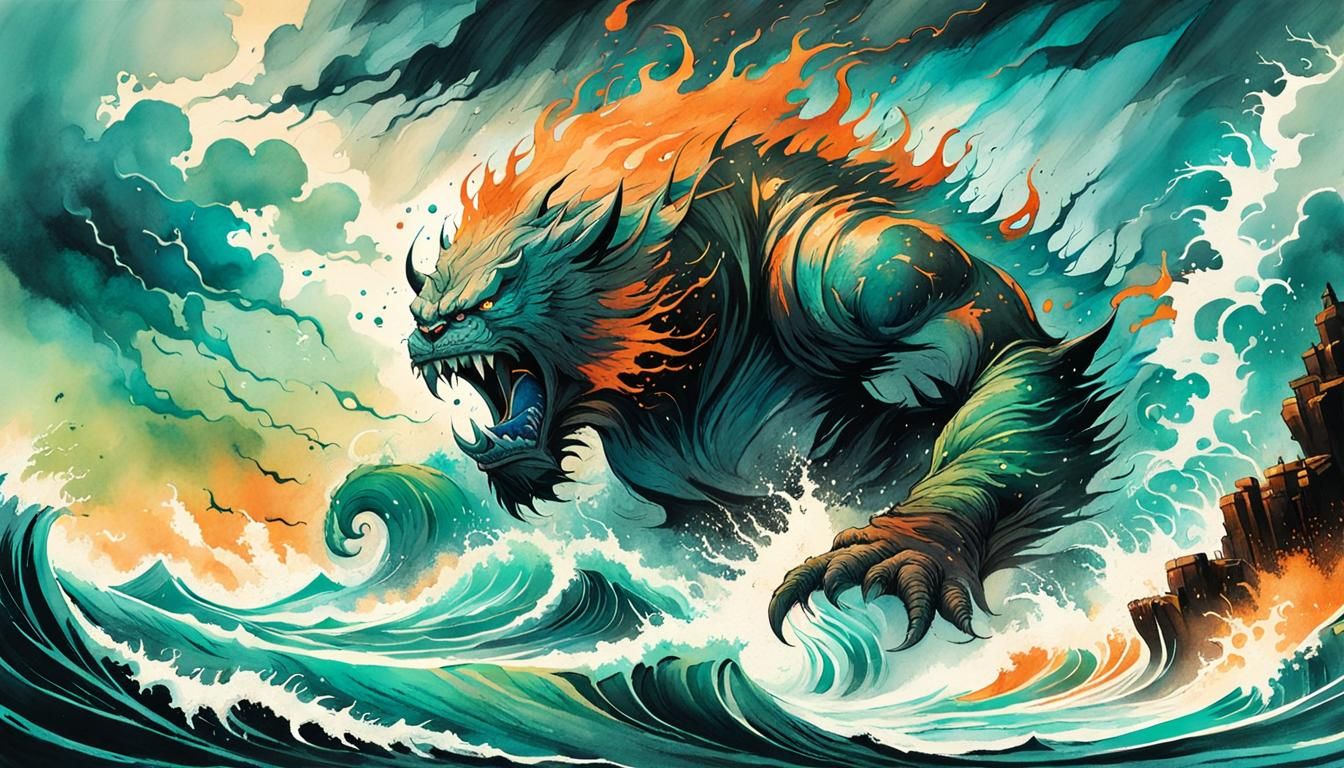 Goronzacrack Battles Groglatyte in Stormy Seas, Ink Wash Ill...