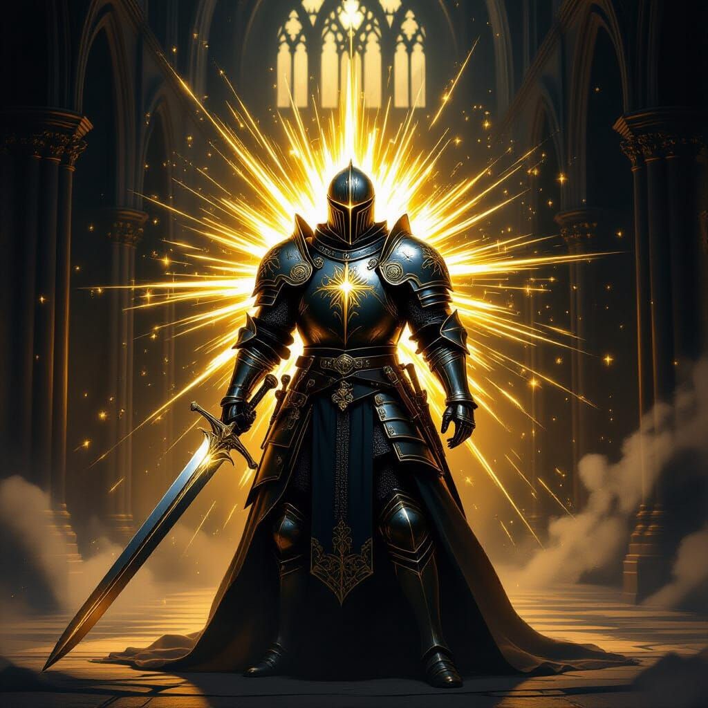 Knight Templar Radiates Golden Energy in Gothic Cathedral