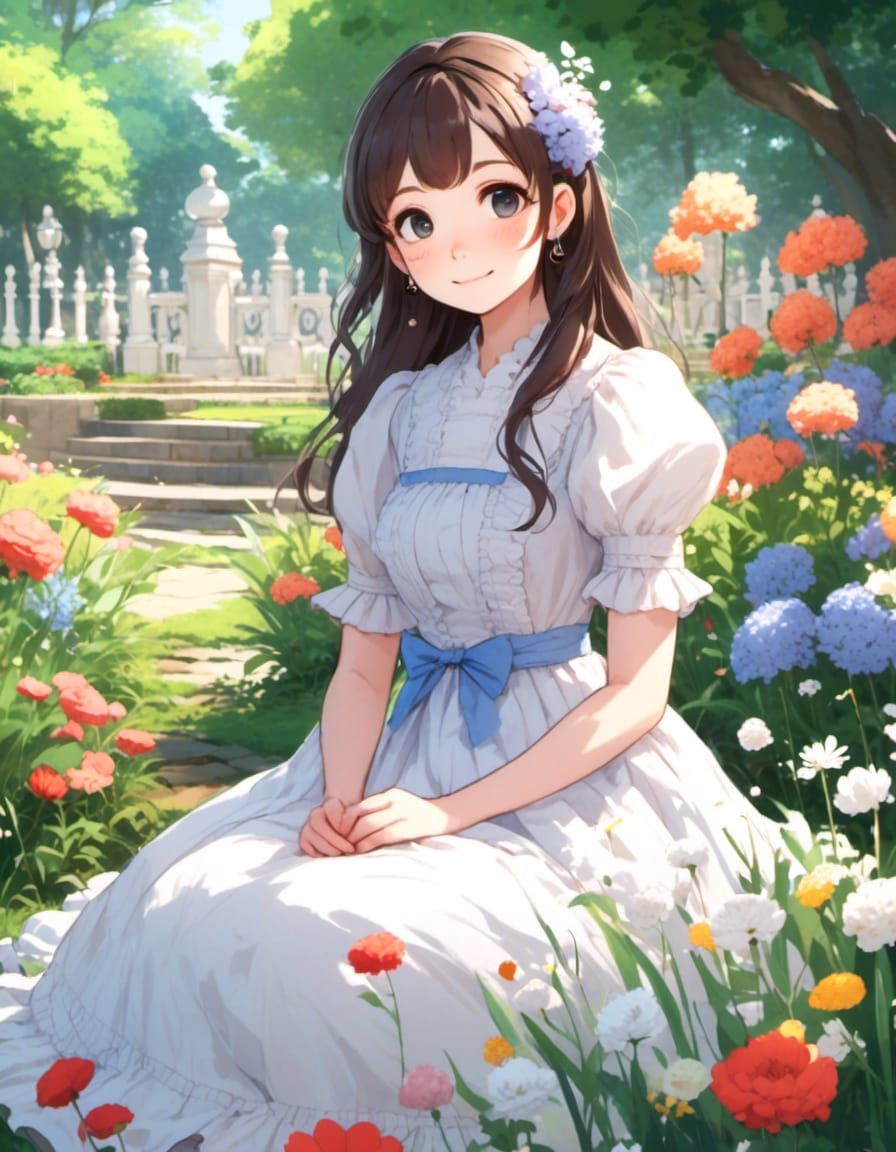 Curvy Anime Goddess Sits Serenely in Japanese Garden