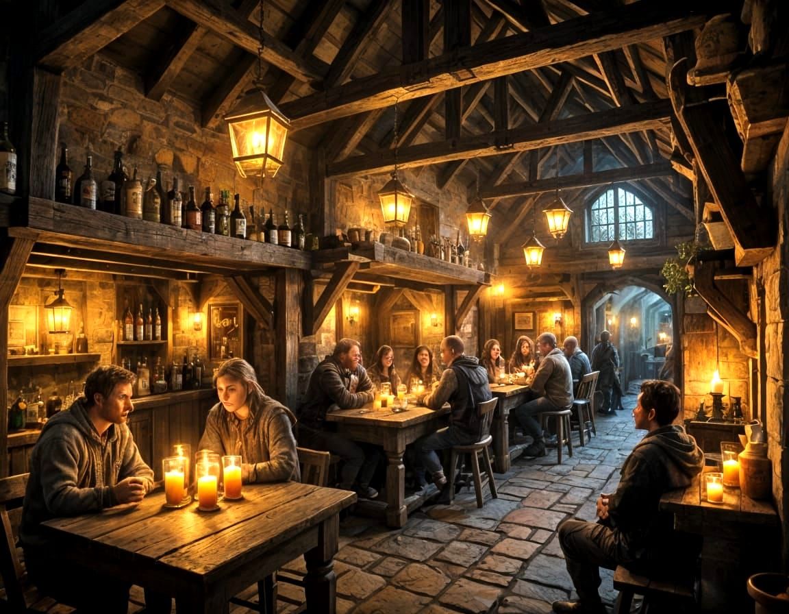 Cosy Rustic Inn Scene with Village Folk and Candlelight