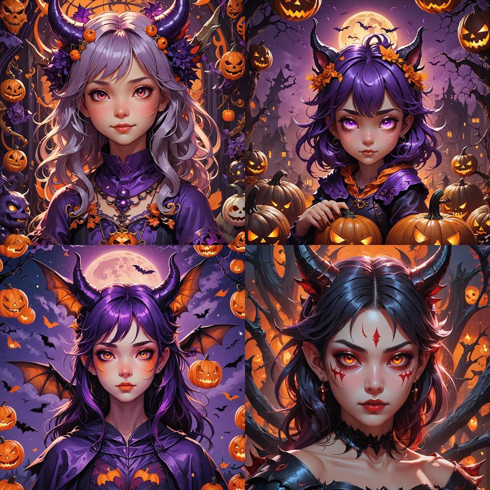 Ethereal Devil Girl Manga Portrait in Vibrant Purple Hues