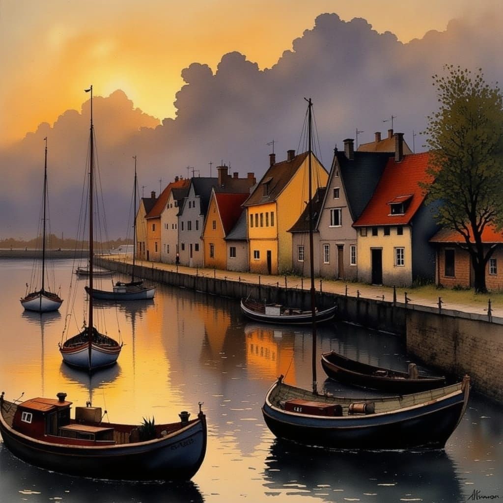 Ethereal Danish Fishing Village Bathed in Golden Evening Lig...