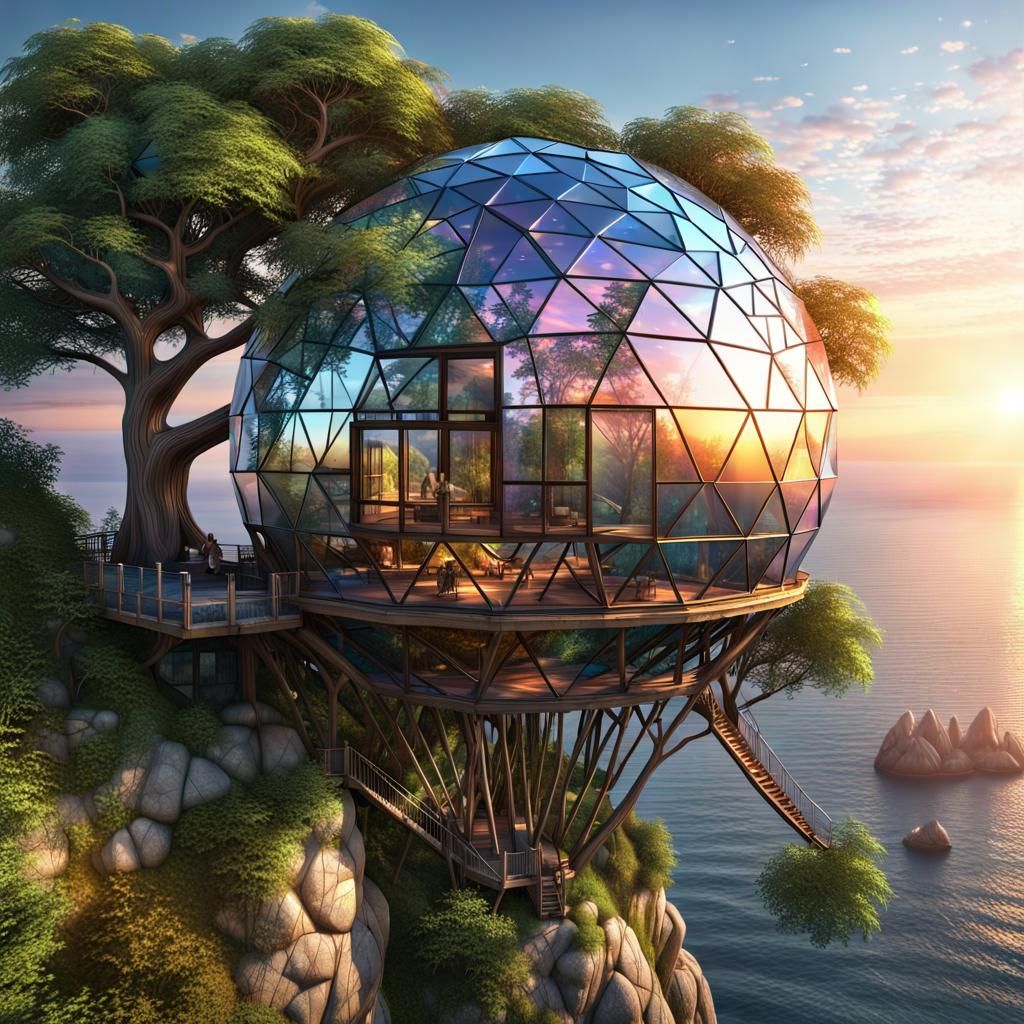 Surreal Geodesic Treehouse Rises from Cliffside at Sunrise