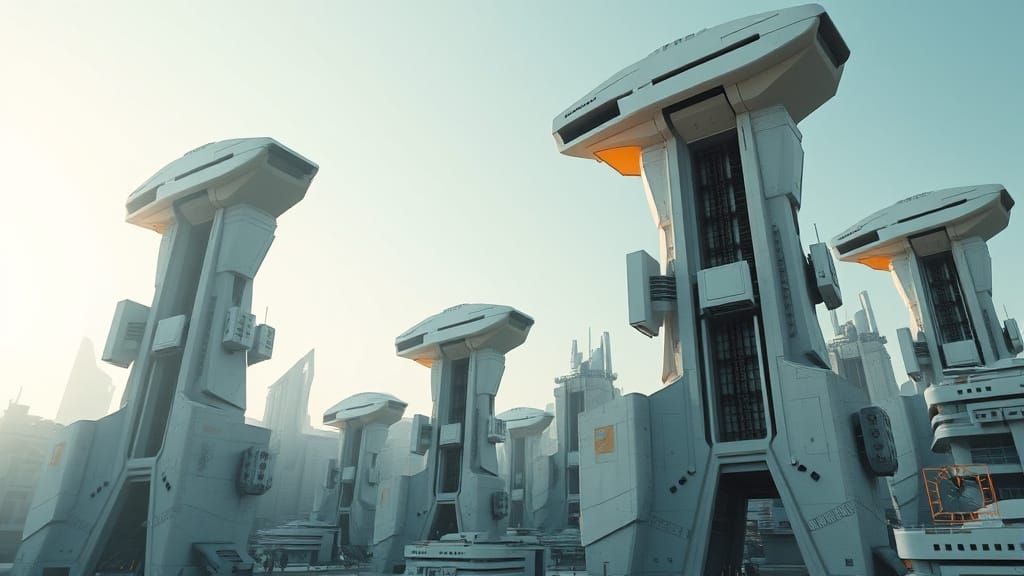 Asymmetrical Futuristic Alien Cityscape in Industrial Futuri...