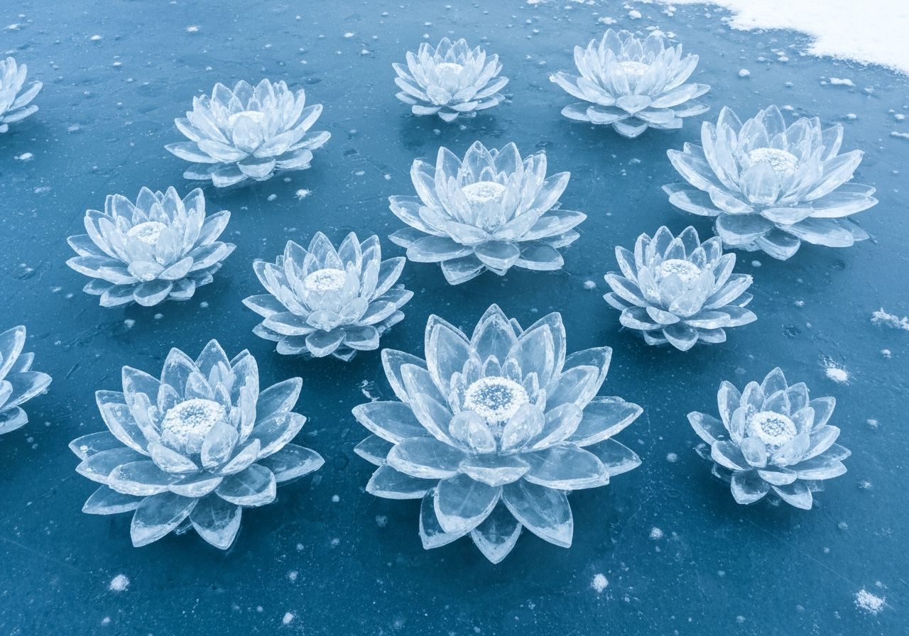 Crystal Lotus Flowers on Snowy Frozen Pond