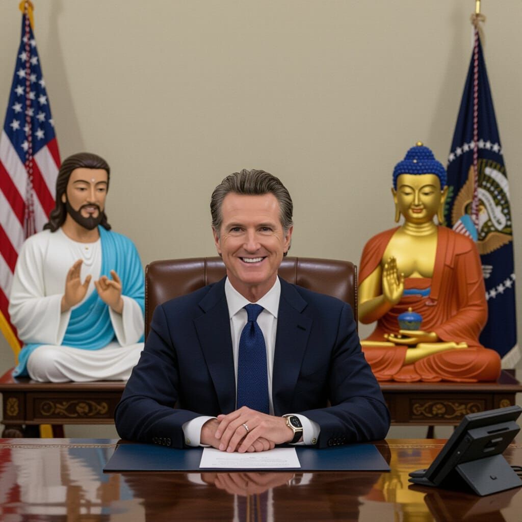 Gavin Newsom with Jesus and Buddha at President's Desk