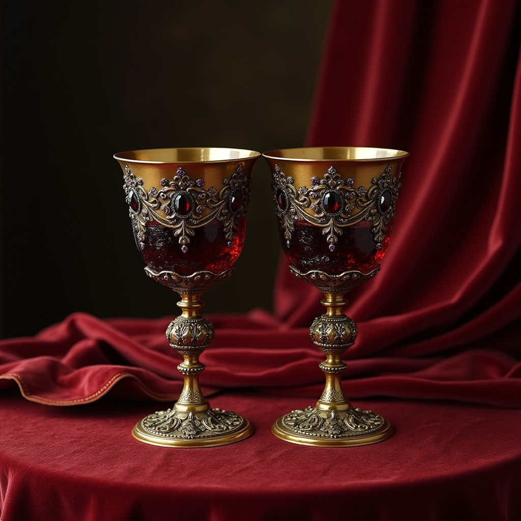 Elegant Baroque Goblets on Crimson Velvet