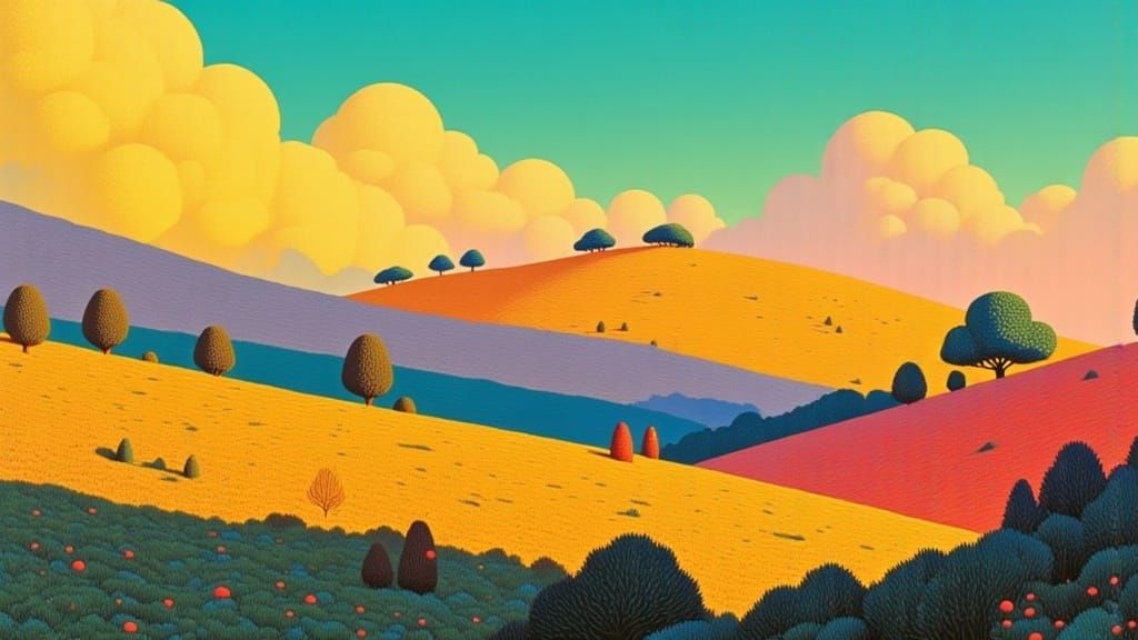 Italian Countryside Landscape in Aqua Sky and Golden Clouds