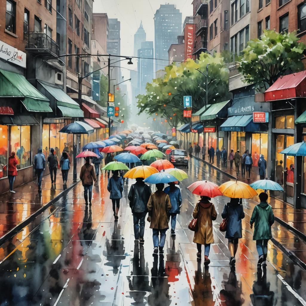 Vibrant Watercolor Painting of Atlanta Street Scene on a Rai...