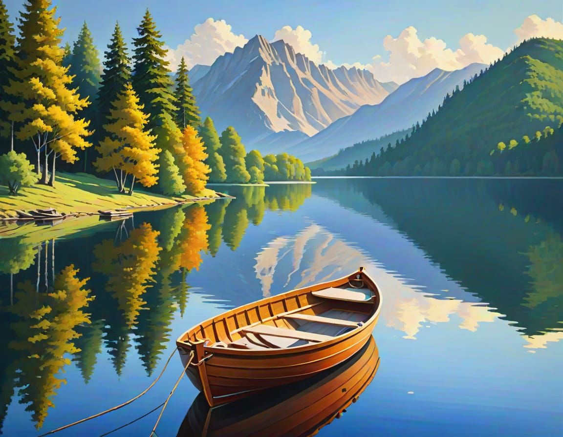 Tranquil Wooden Boat and Lake Reflections in Gouache Style