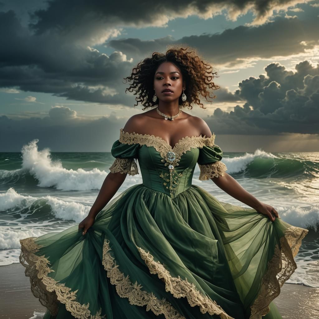 Ethereal Victorian Lady Adorns the Edge of the Sea