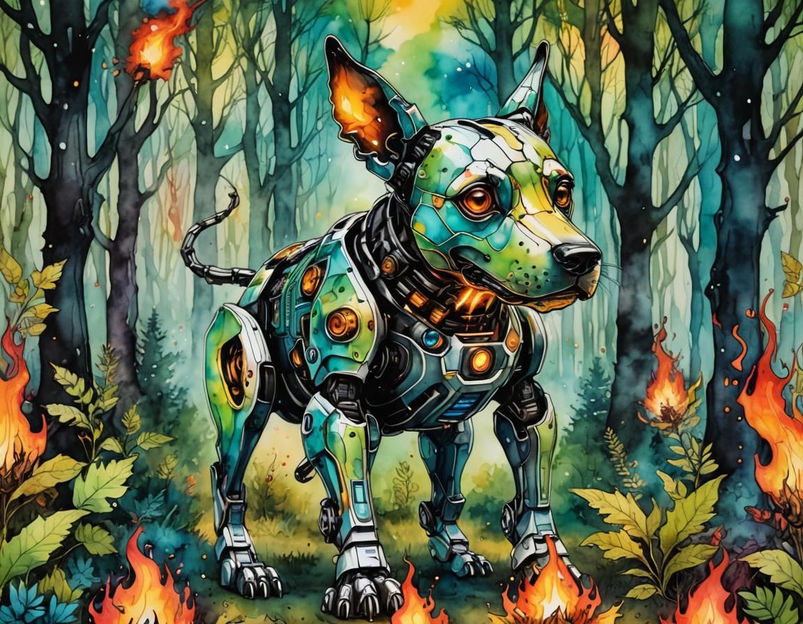 Whimsical Robot Dog Breathes Fire in a Mysterious Forest