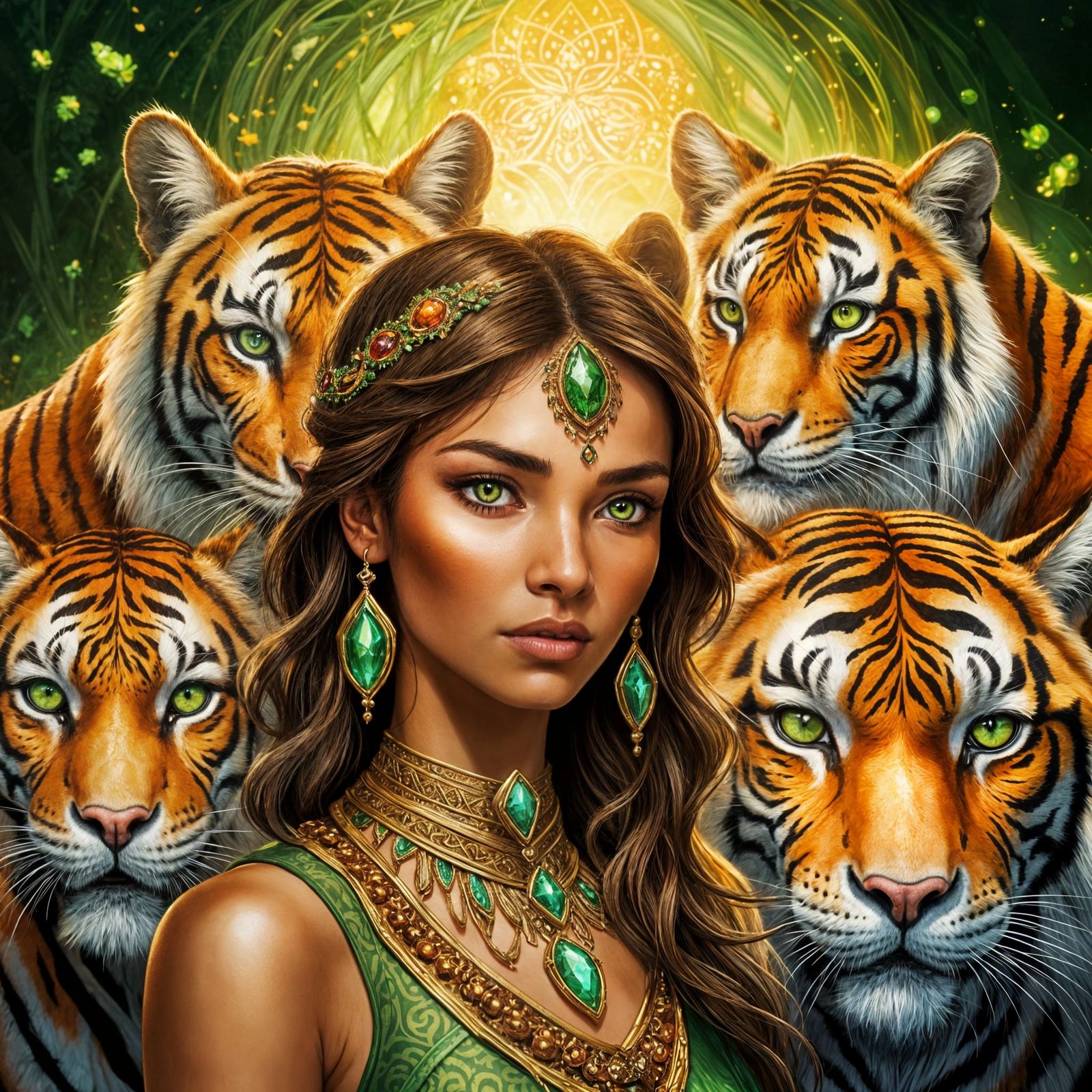 Exotic Woman Amidst Majestic Tigers in Warm Vibrant Colors