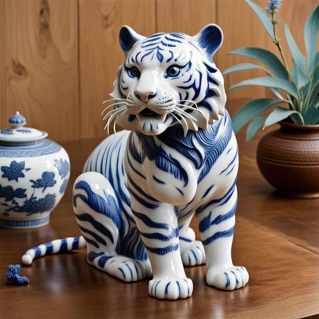 Elegant White Tiger Statue on Woodgrain Table
