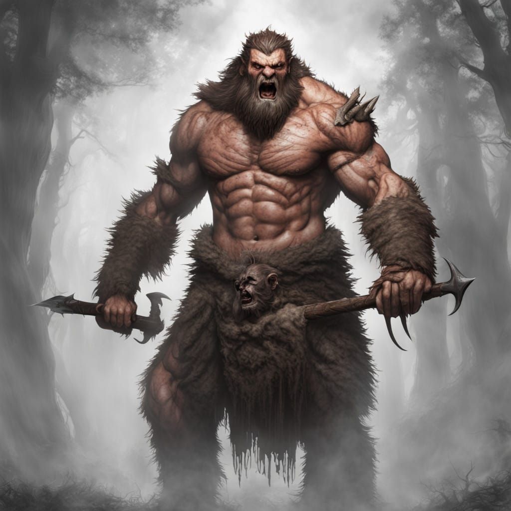 Savage Wendigo Barbarian Emerges from Fierce Fog