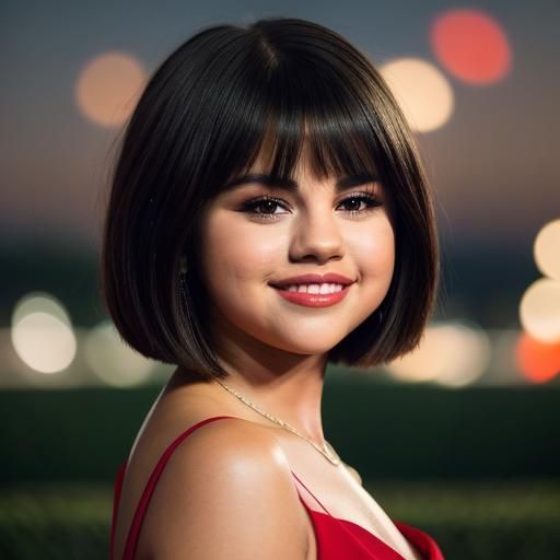 Selena Gomez in Red Dress Under Night Sky