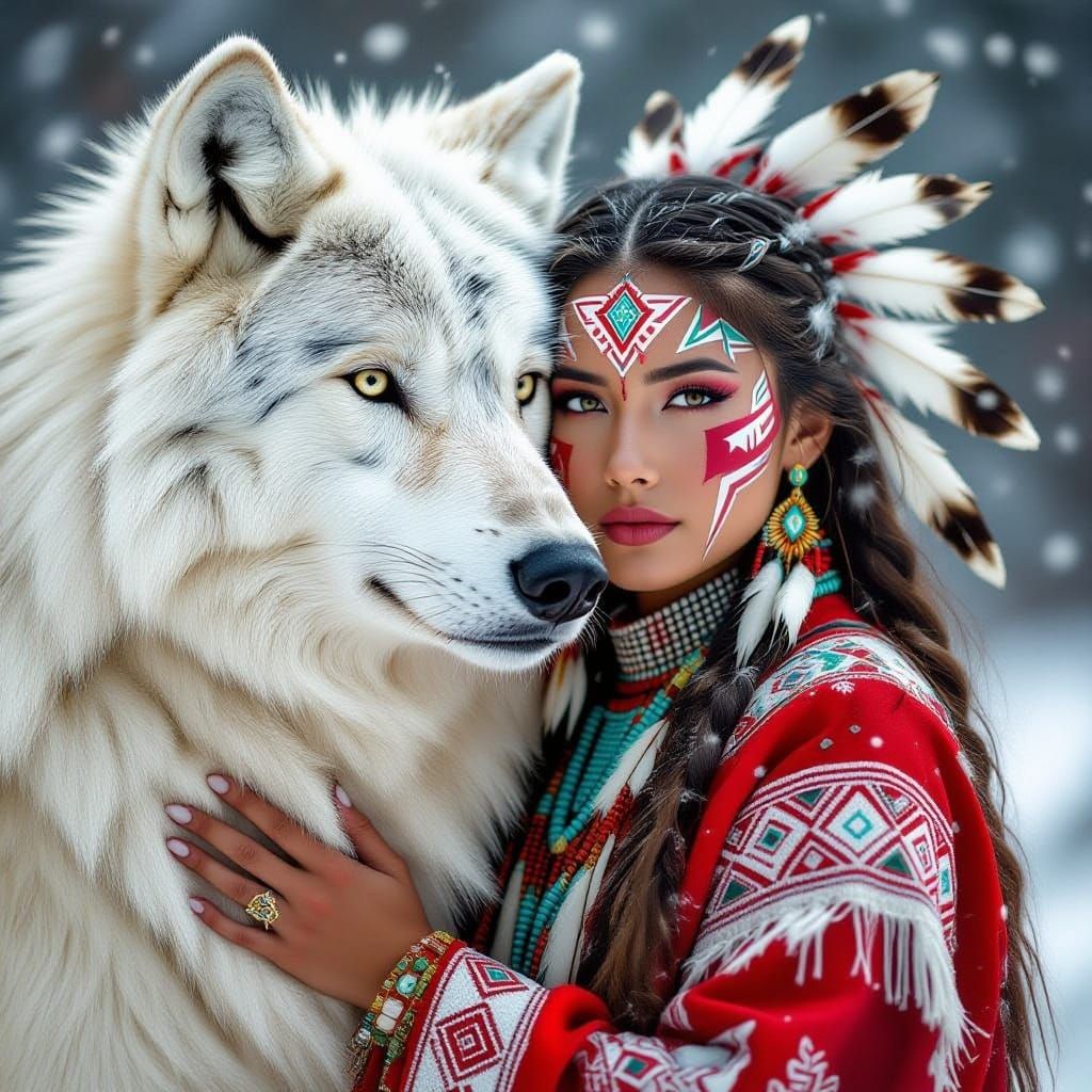Native American Woman in Spiritual Bond with Majestic White ...