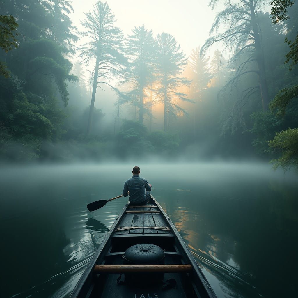 Weathered Canoeist Paddles Through Misty, Green Forest Lands...